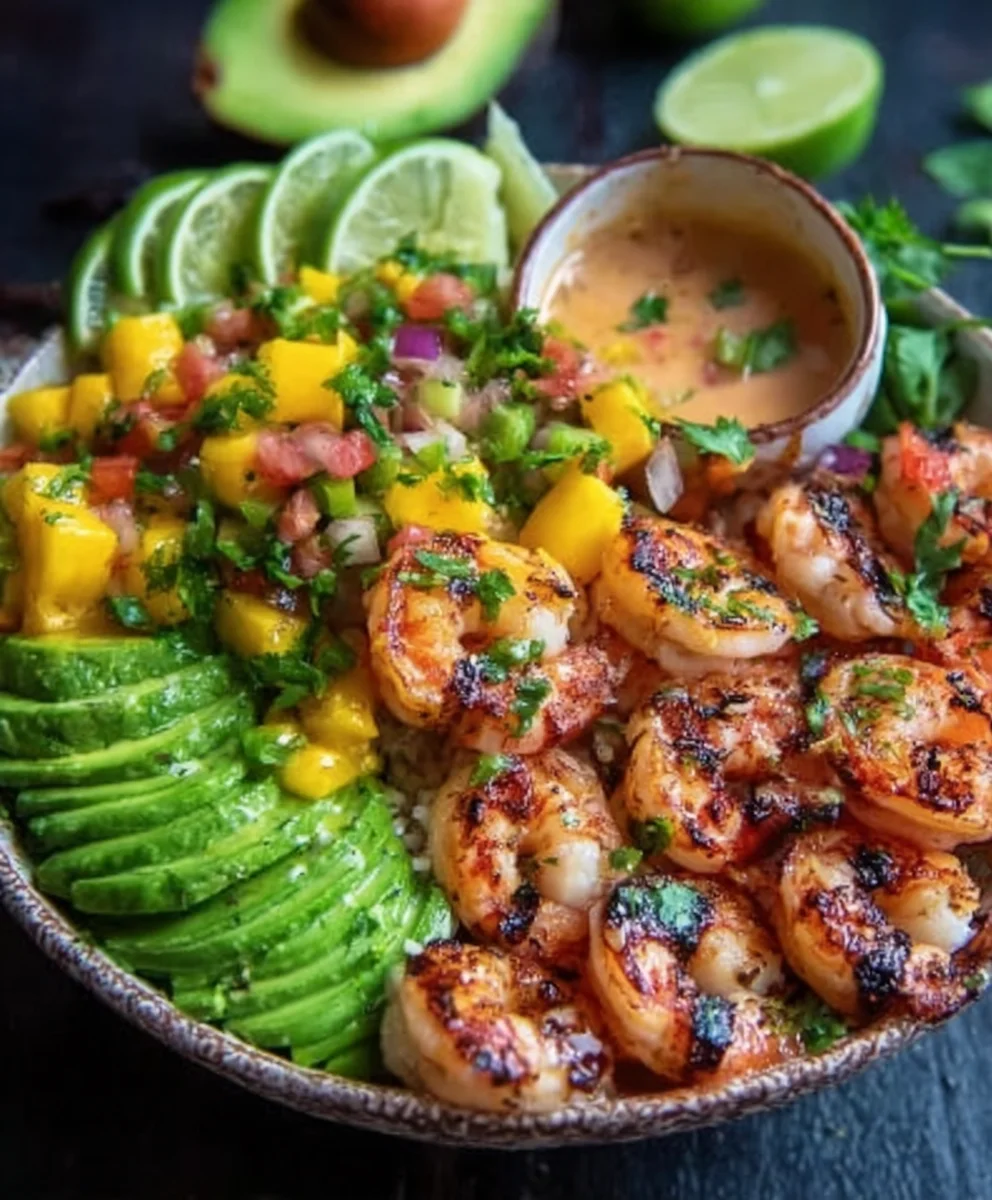 Mediterranean Shrimp Avocado Bowls Mango Salsa Lime Chili