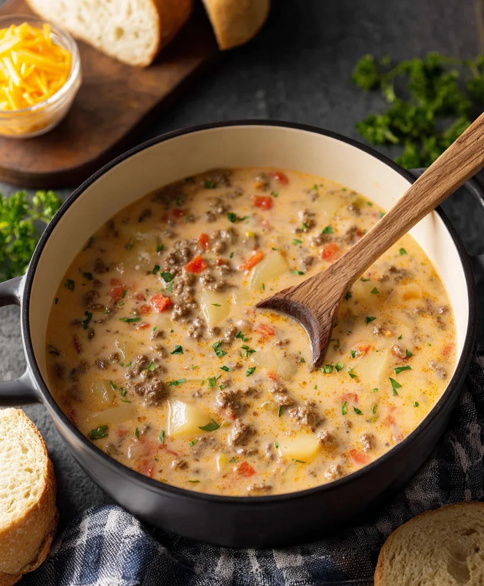 Easy Cheesy Beef Burger Soup Recipe
