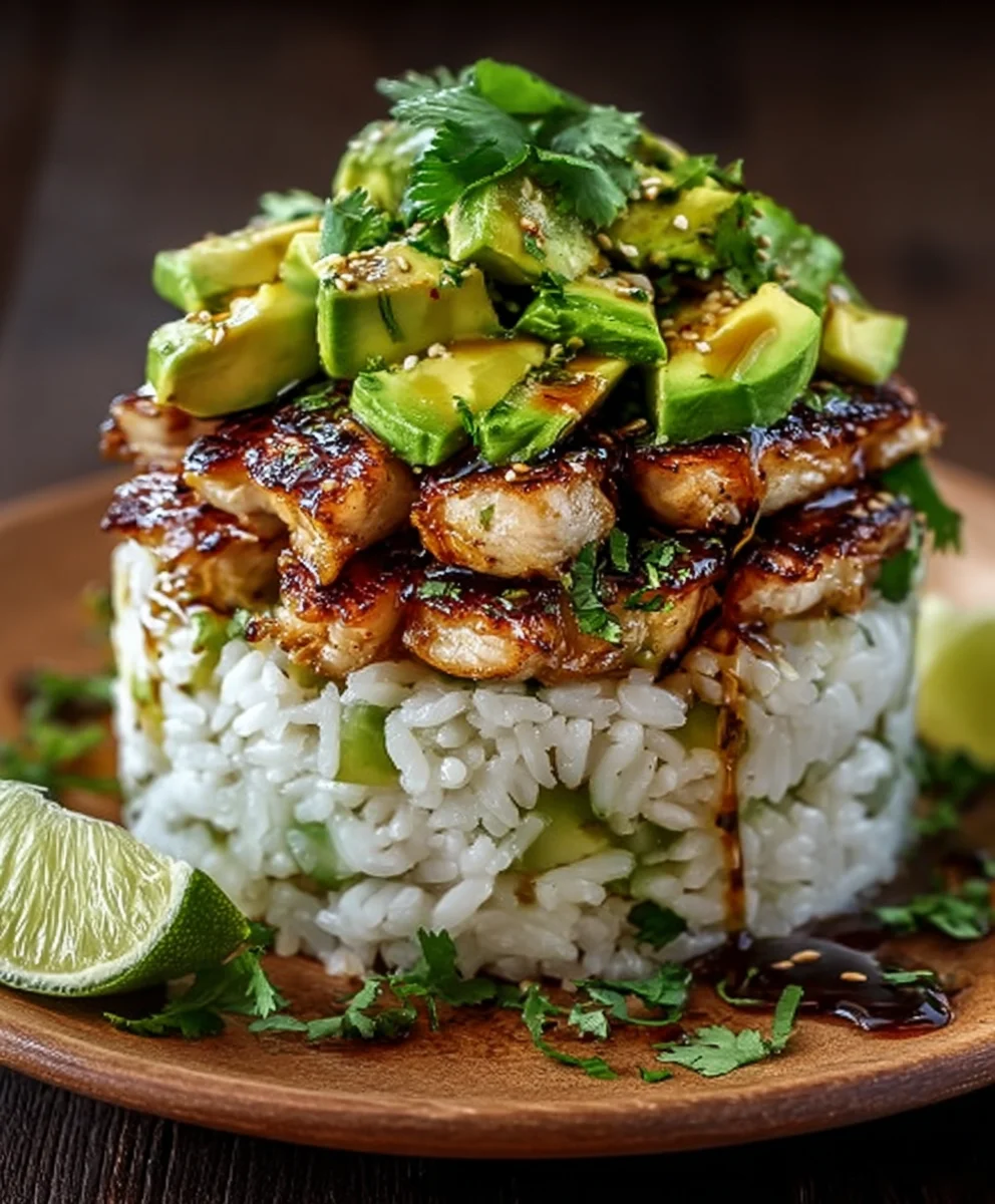 Tangy Honey Lime Chicken Avocado Rice Stack