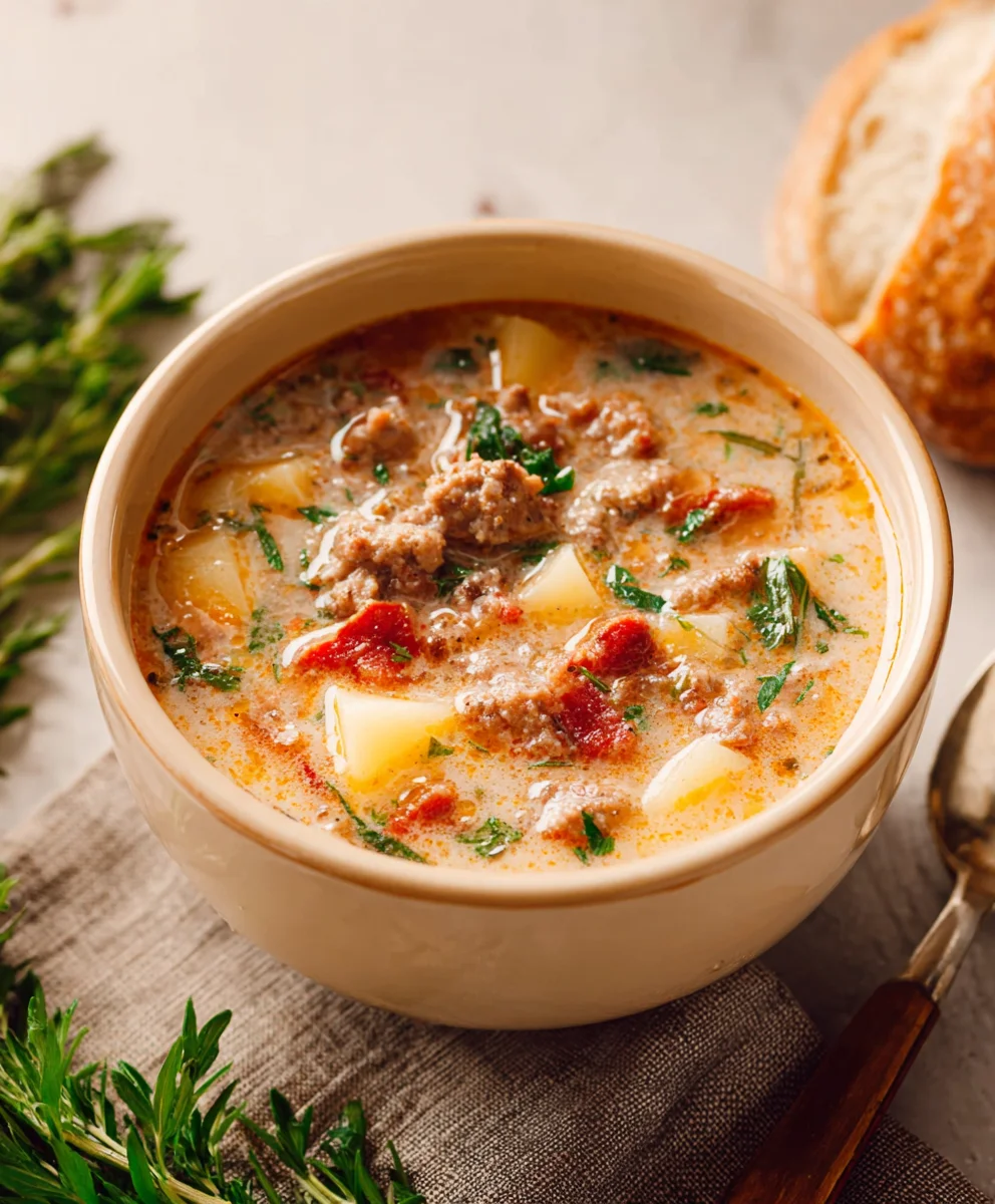 Hearty Beef Sausage Potato Soup- Tuscan Inspired Comfort