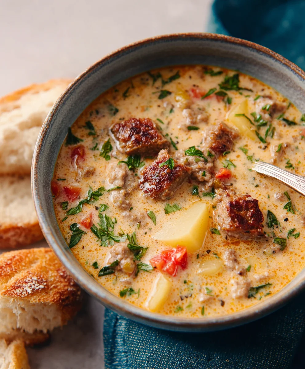 Hearty Beef Sausage Potato Soup- Tuscan Inspired Comfort
